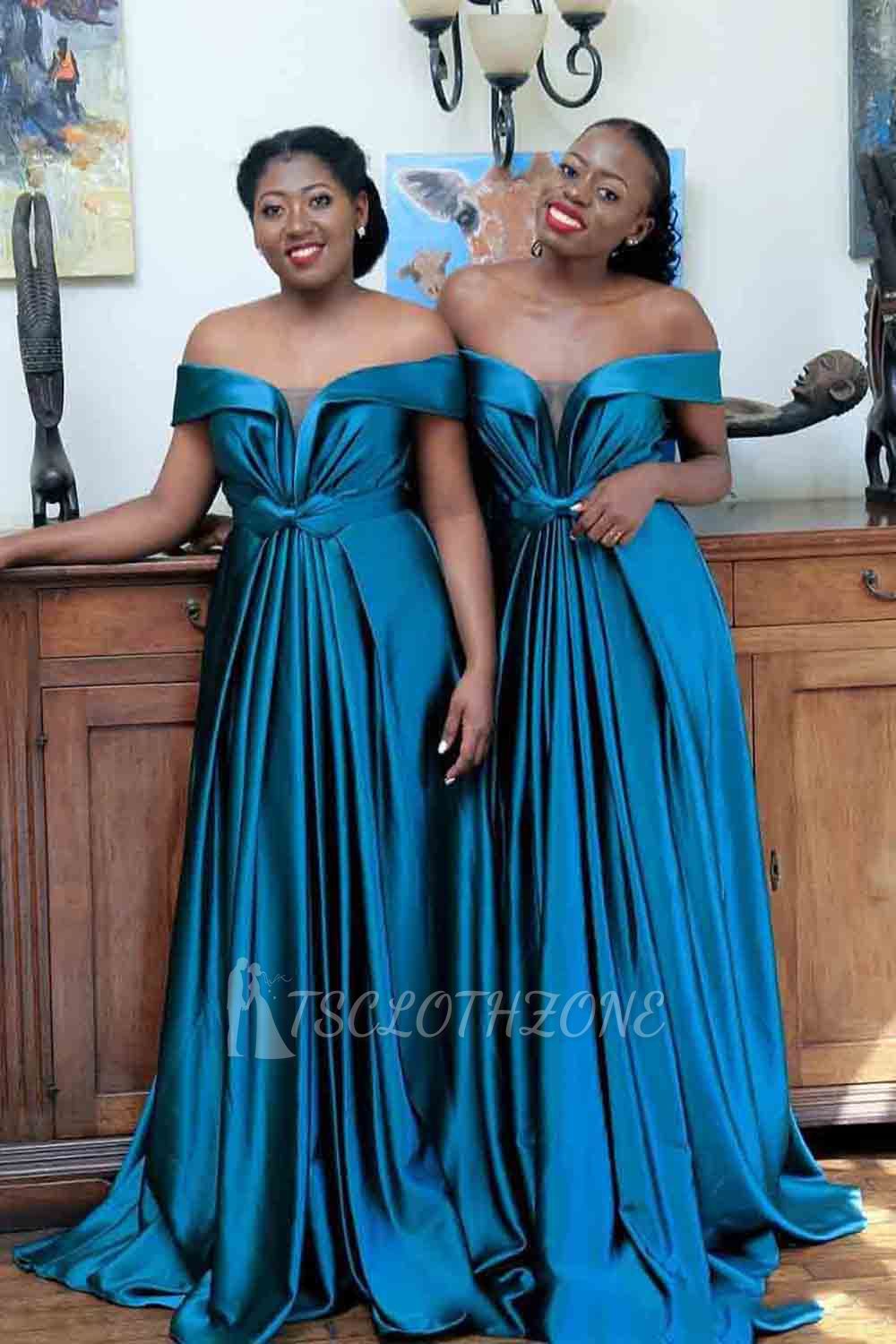 Sexy New Off-shoulder Sweep Train Bridesmaid Dresses With Bow Belt | Long Blue Wedding Party Dresses