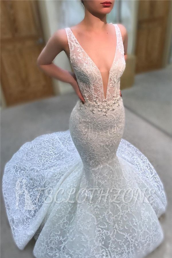 Sexy Straps V-neck Beads Lace Wedding Dresses 2022 | Sleeveless Mermaid Court Train Bridal Gowns