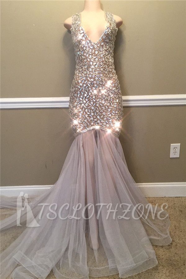 Sparkling Crystal Straps Sexy V-neck Prom Dresses | Open Back Fit and Flare Alluring Evening Gowns