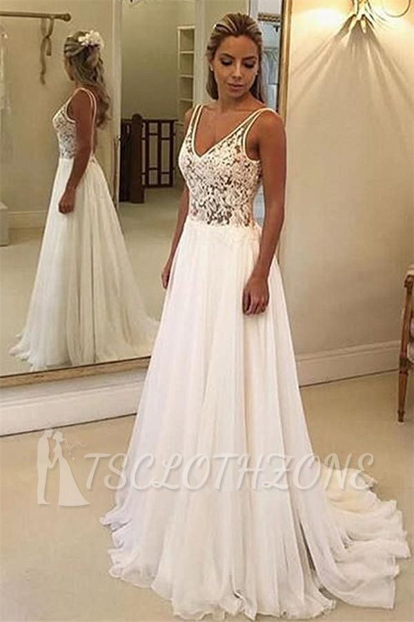 Charming V-Neck Sleeveless Wedding Dress Appliques A-Line Floor-Length Bridal Gowns