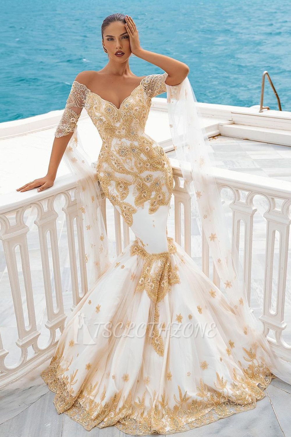 Mermaid Wedding Gowns Gold Appliques Half Sleeve Cape