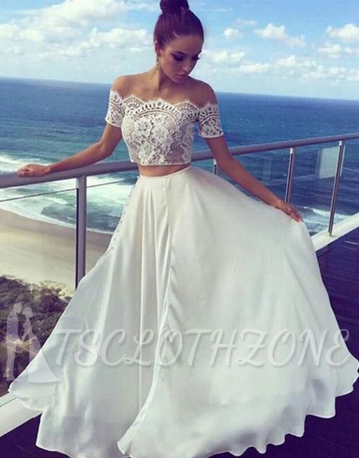 White Two Piece Prom Dresses | Off The Shoulder Lace Long Evening Dress