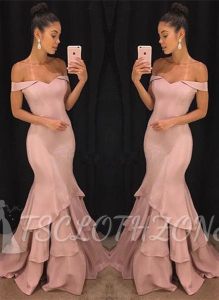 Sexy Off The Shoulder Mermaid Prom Dresses | Tiered Pink Ruffles Evening Gowns Online