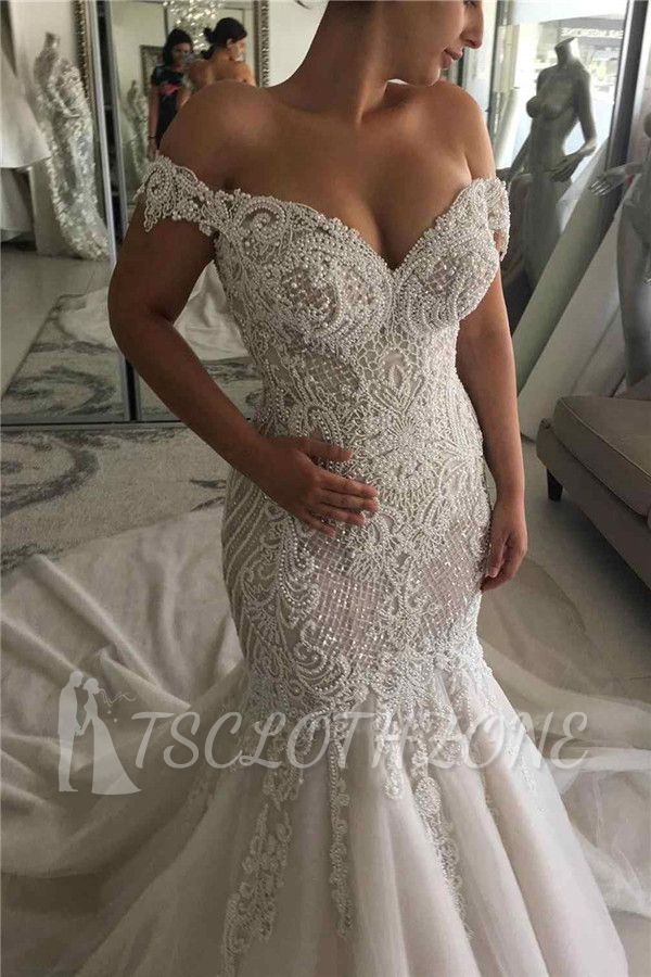 Off The Shoulder Mermaid Wedding Dresses with Full Beads | Open Back Court Train Bridal Dresses Cheap Online