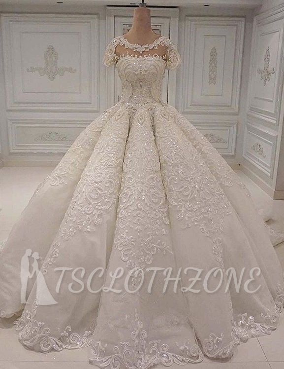 New Arrival Crew Short Sleeves Wedding Gown | Lace Applique Bridal Dress
