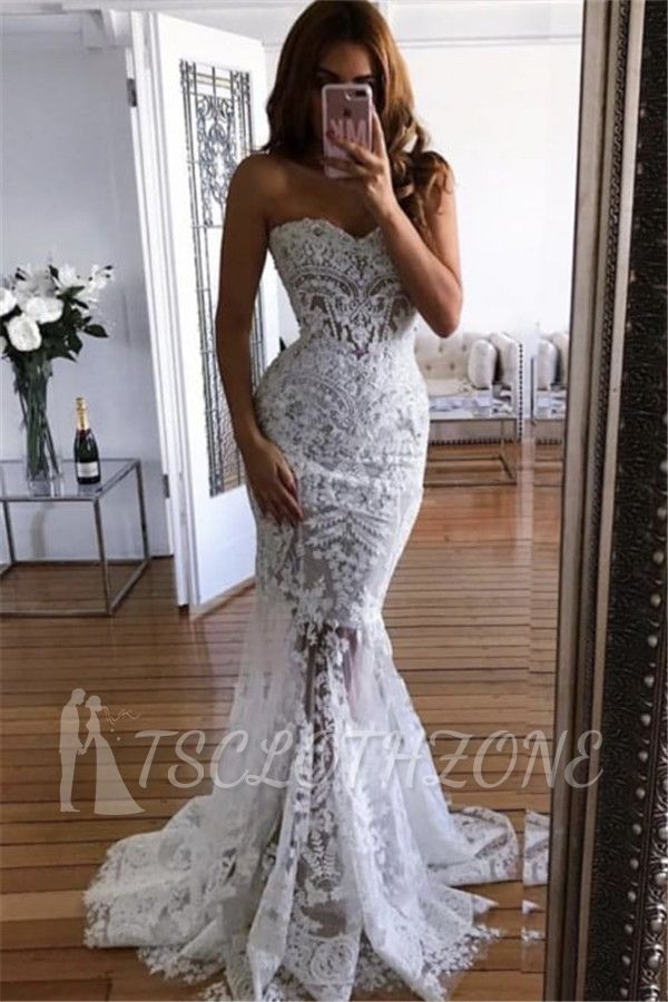 White Sweetheart-Neck Sheer Lace Appliques Mermaid Wedding Dresses