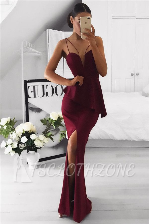 Spaghetti Straps Sexy Burgundy Formal Dresses Cheap Front Slit 2022 Evening Dress