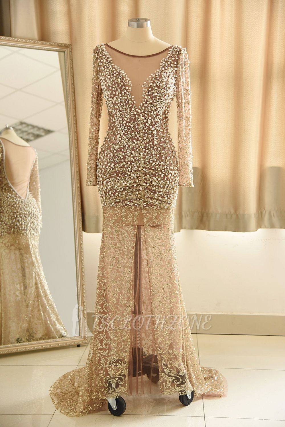 Illusion neck Champange Pearls Long High split Prom Dress