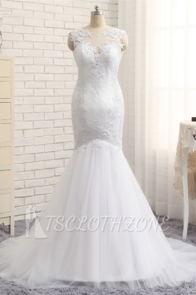 TsClothzone Glamorous Jewel Sleeveless Tulle Wedding Dresses White Mermaid Satin Bridal Gowns With Appliques On Sale
