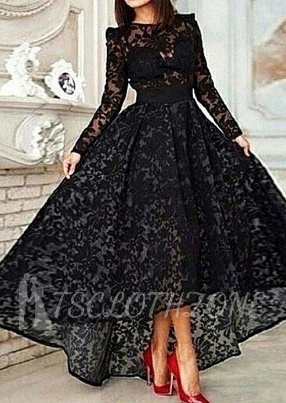 Black Hi-Lo Long Sleeve Lace Prom Dress Unique Custom Made Evening Dresses for Women