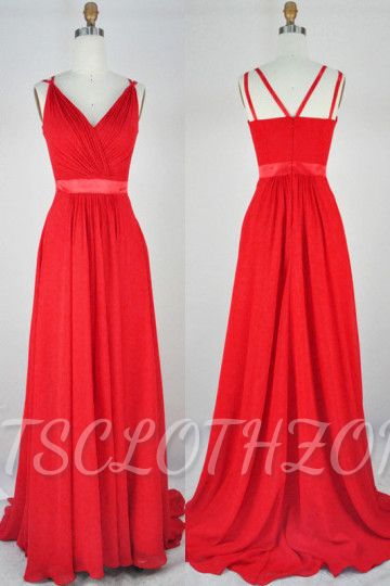 Red Tailored V Neck Cheap 2022 Bridesmaid Dresses Chiffon Sweep Train Somple Cute Long Prom Gowns