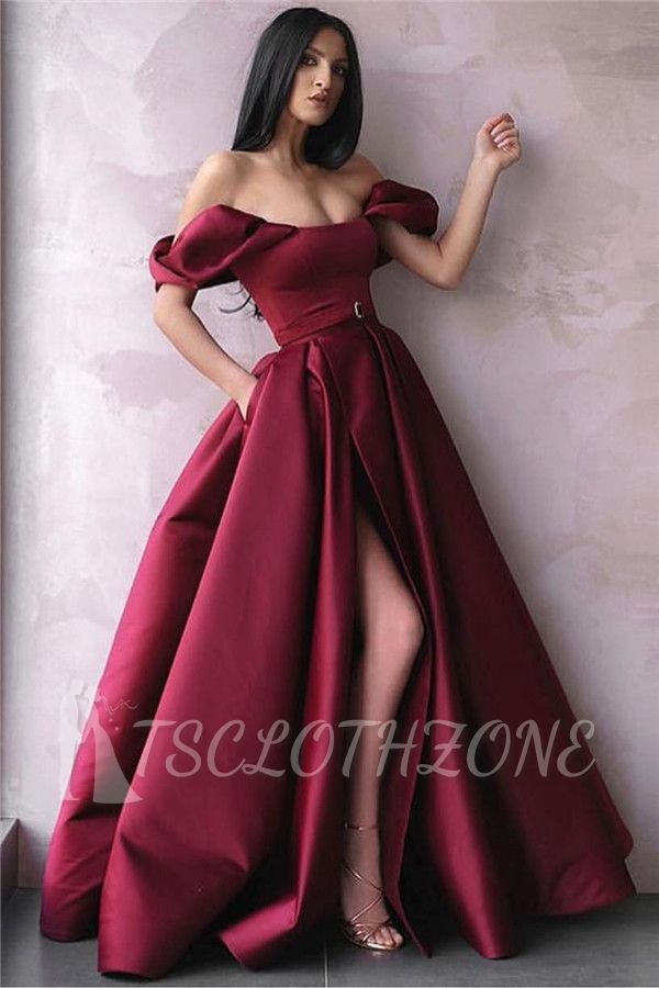 Burgundy Off-The-Shoulder Side-Slit Princess A-Line Prom Dress