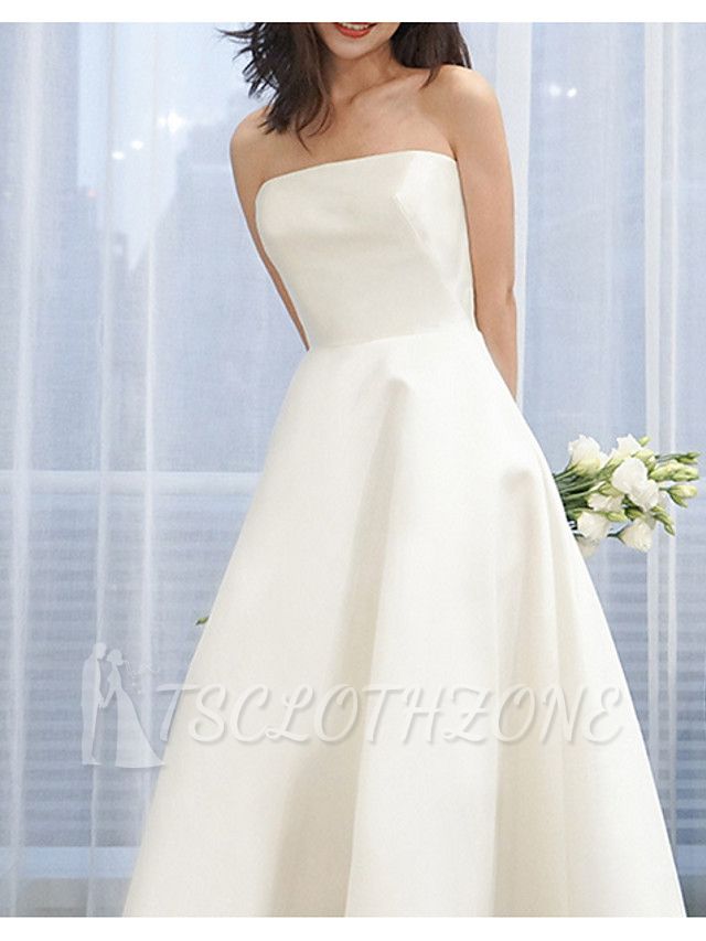 Formal Simple A-Line Wedding Dress Strapless Satin Strapless Vintage Plus Size Bridal Gowns Sweep Train
