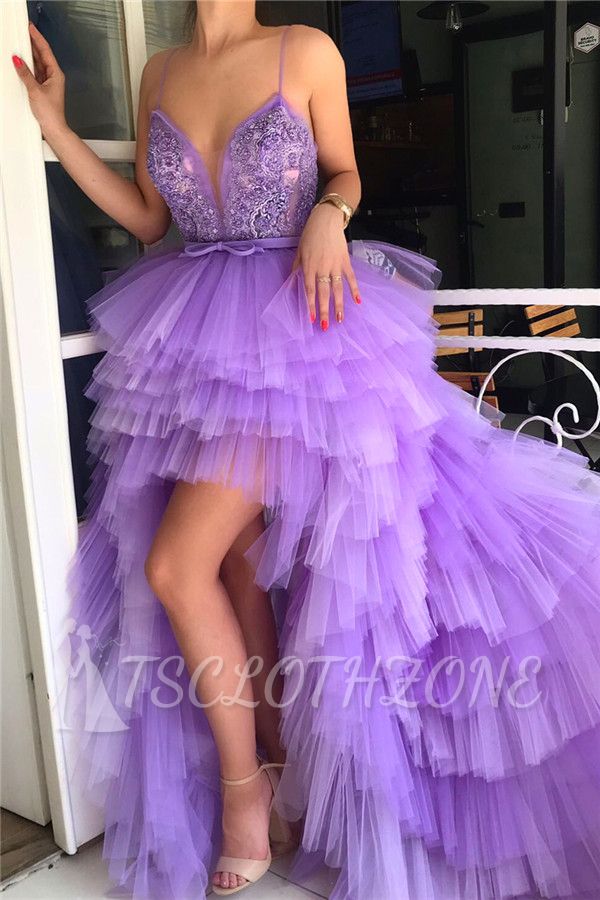 Sexy Hi-Lo Deep V Neck Sleeveless Prom Dress | Spaghgtti Straps Appliques  Prom Dress