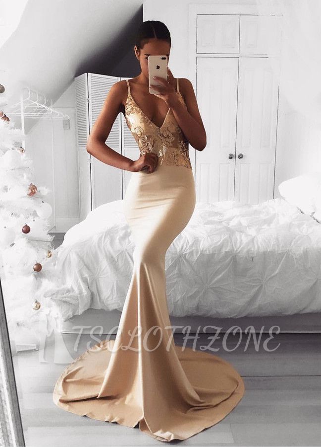 Sexy Spaghetti Strap Gold Sequined Prom Dress | Mermaid Prom Dress