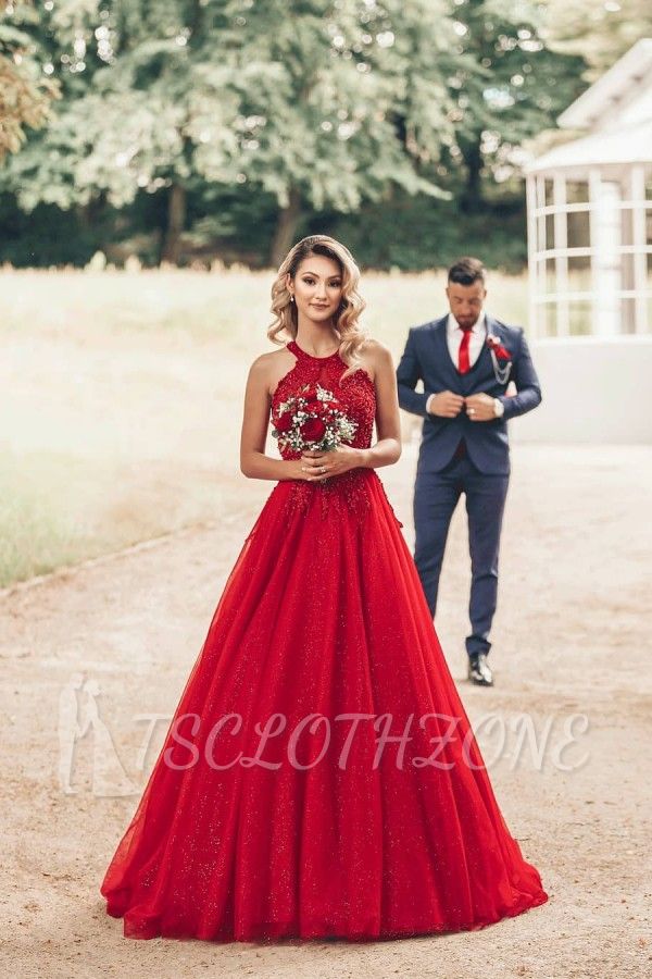 Red Halter Glitter A-lin Evening Gown Sparkly Sleeveless Floor Length Party Dress
