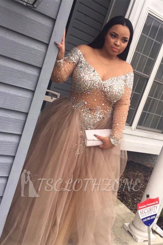 Delicate Plus-Size Stunning Long-Sleeve Tulle Split Crystal Prom Dress