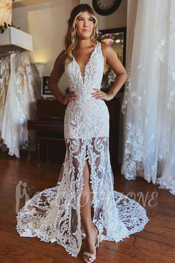 Fashion Spaghettistraps Lace Mermaid Wedding Gowns With Split