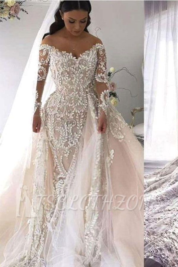 Gorgeous Ivory Off-the-shoulder Lace Long Sleeves Wedding Dress