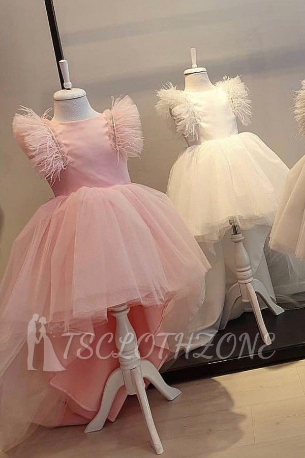 Pink Tulle High Low Flower Girl Dresses | Lovely White Cap Sleeves Little Girls Pageant Dresses