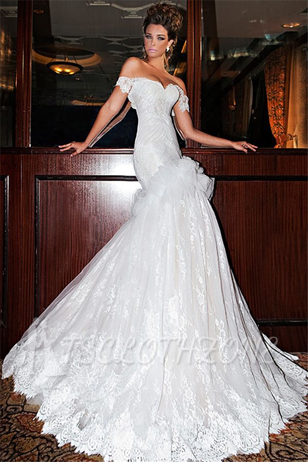 Glamorous Mermaid Lace Bridal Gowns 2022 White Sweetheart Sweep Train Wedding Dresses