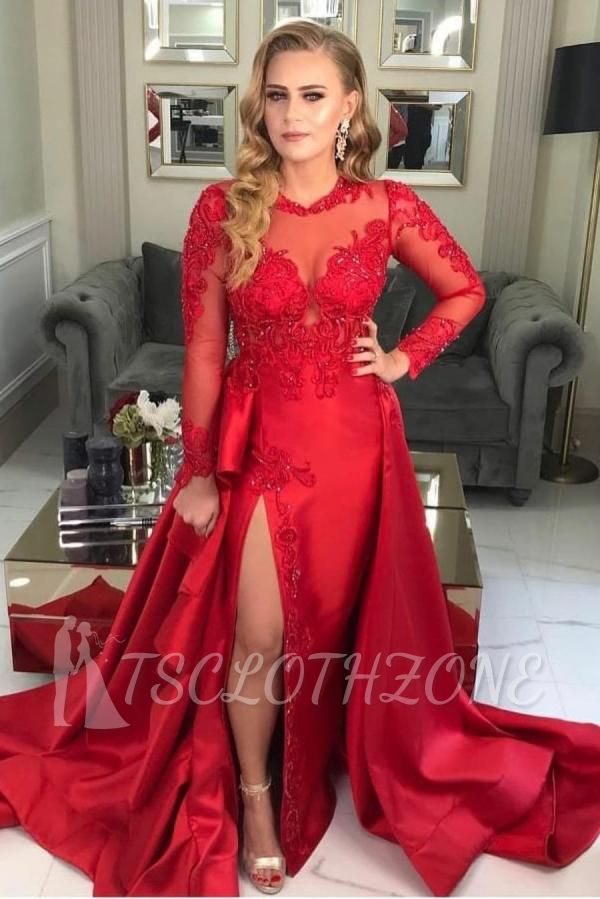 Stylish Long Sleeves Red Evening Dress Lace Appliques with Side Slit