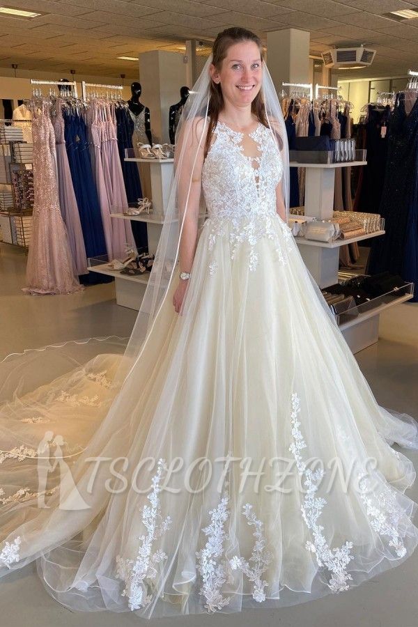 Floral Lace ALine Bridel Dress Tulle Appliques Long Wedding Dress