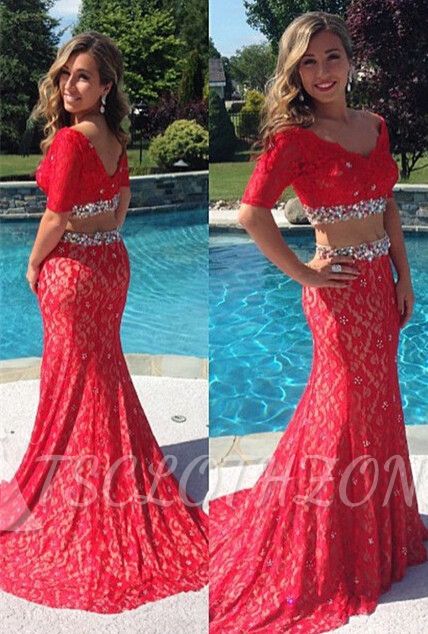 New Arrival V-Neck Red Long Evening Dress Half Sleeve Lace Sexy Mermaid Two Pieces Dresses
