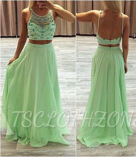 A Line Chiffon Green Evening Dresses 2022 Two Piece Prom Dress with Beads