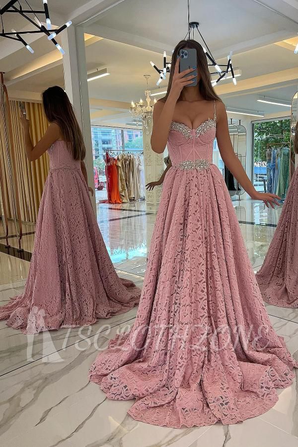 Designer evening dresses lace | Long pink prom dress