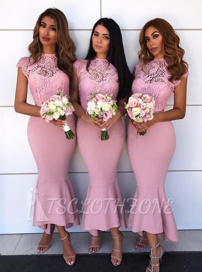 Delicate Lace Cap Sleeves Bridesmaid Dresses At Ankle Length | Sheath High Neck Lace Dress Formal Wedding Party Dresses