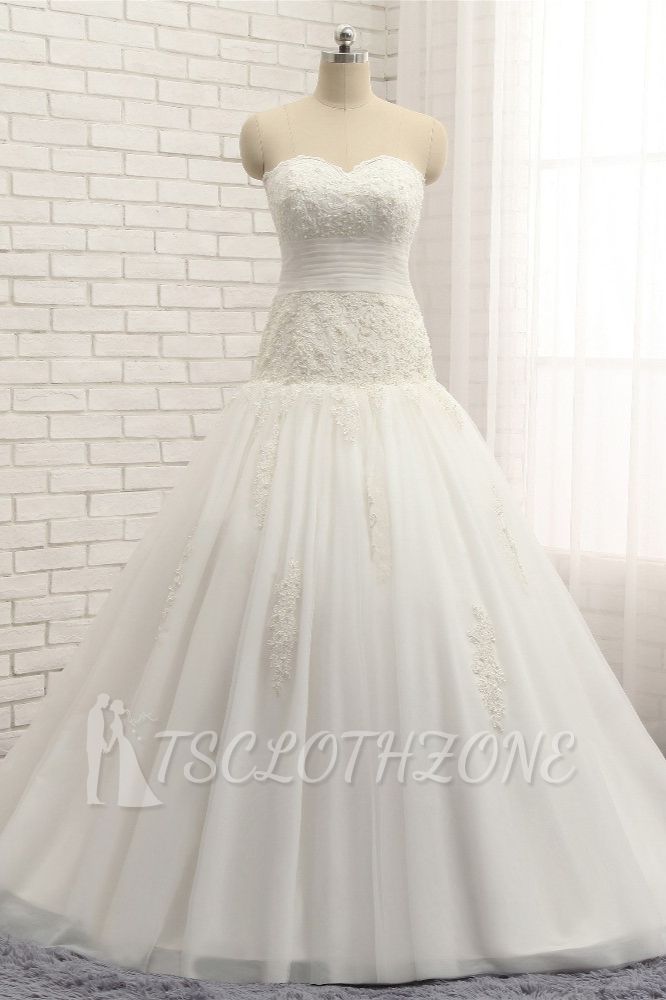 TsClothzone Glamorous Strapless Tulle Lace Wedding Dress Sweetheart Sleeveless Bridal Gowns with Appliques On Sale