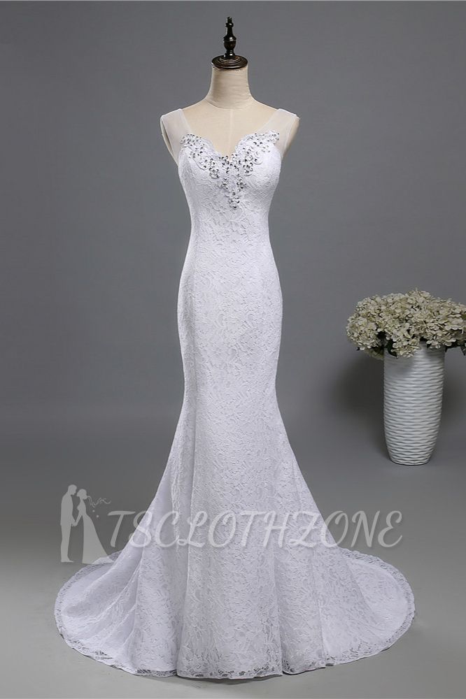 TsClothzone Stylish V-Neck White Lace Mermaid Wedding Dress Appliques Sleeveless Sequins Bridal Gowns