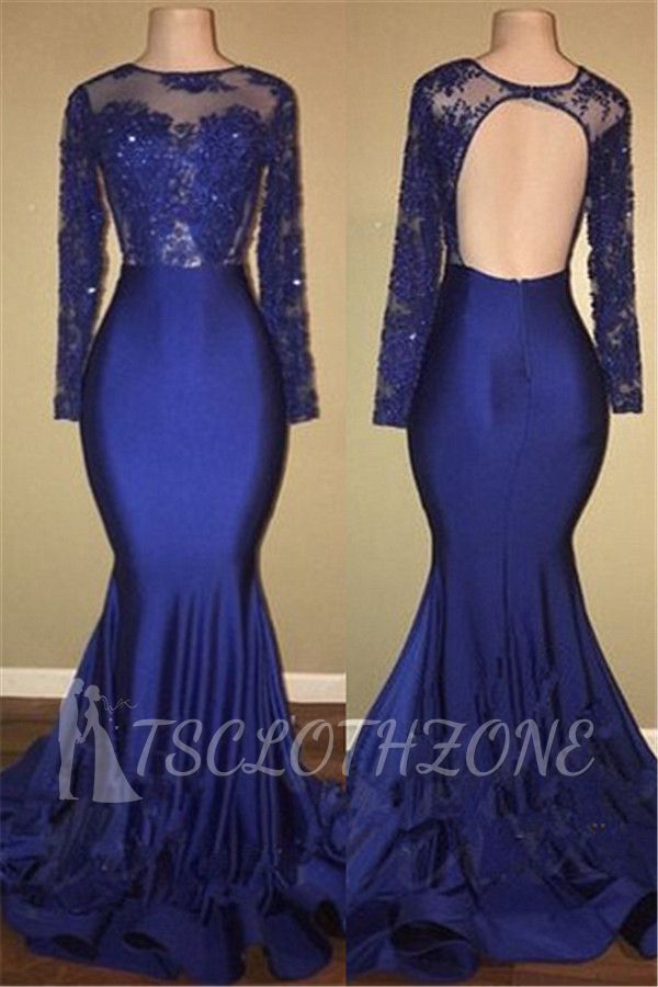 Sexy Open Back Royal Blue Real Model Prom Dresses | Lace Long Sleeve Mermaid Evening Gown