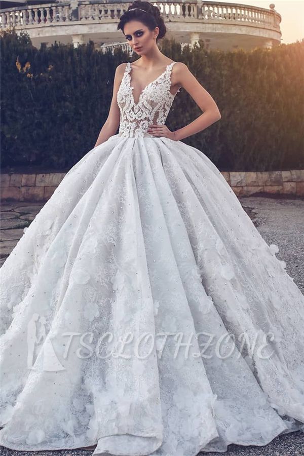 Lace Appliques Sexy Sleeveless Wedding Dresses | Princess Ball Gown V-neck Cheap Bridal Gowns
