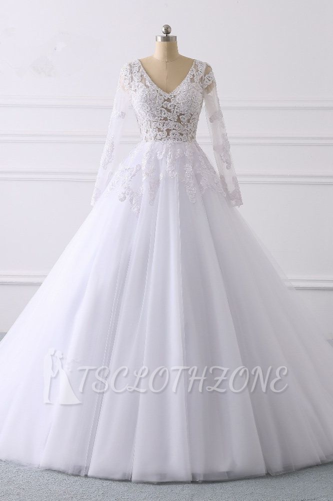 TsClothzone Elegantes Brautkleid mit V-Ausschnitt und langen Ärmeln, weißes Tüll, Spitzenapplikationen, Brautkleider im Angebot