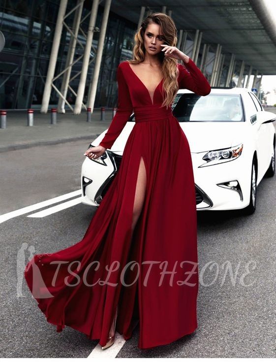 Sexy Rote Langarm V-Ausschnitt Abendkleid | Abendkleid A-Linie Bodenlang