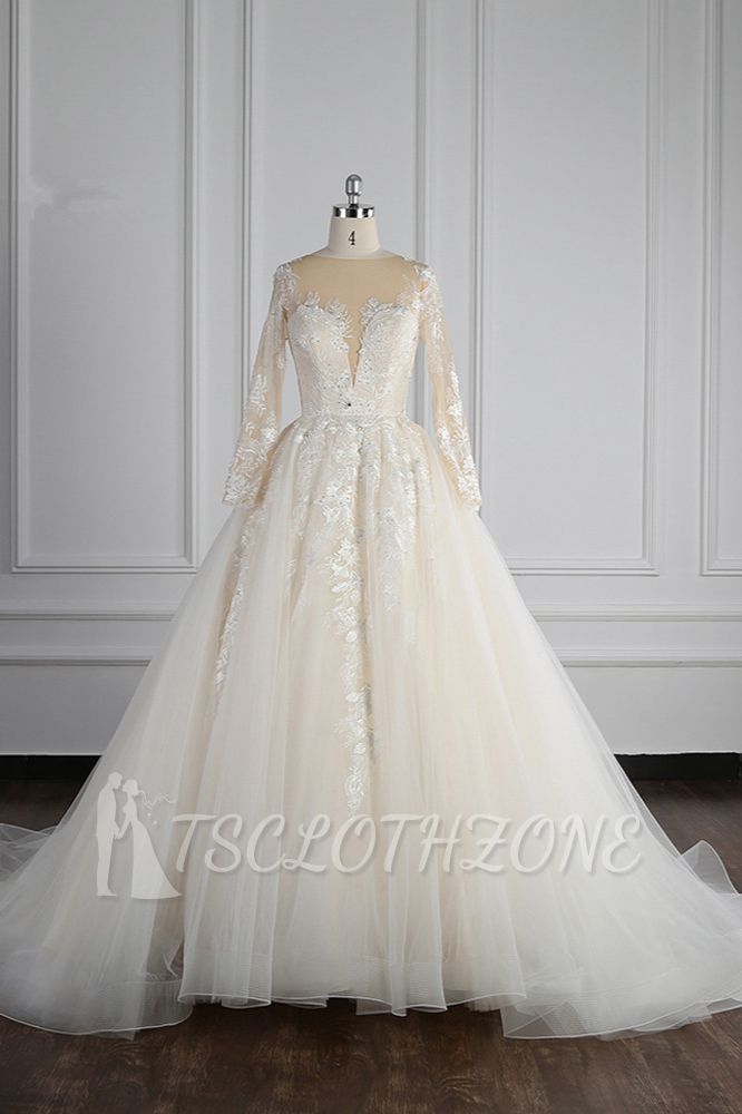 TsClothzone Elegant Jewel Langarm Brautkleid Tüll Applikationen Rüschen Brautkleider mit Perlenstickerei Online