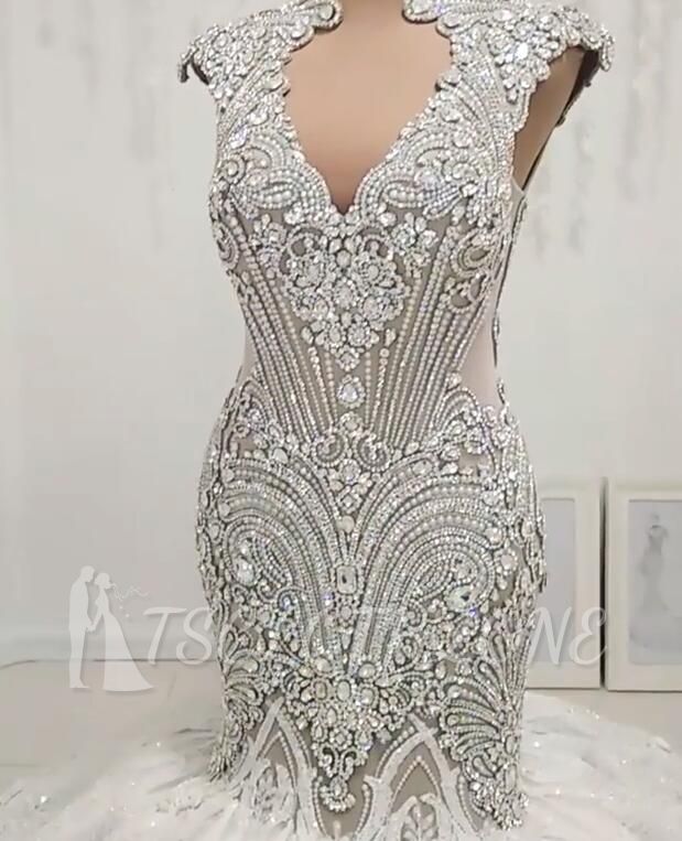 New Arrival V Neck Cap Sleeve Beads Crystals Mermaid Wedding Dress Lace Applique