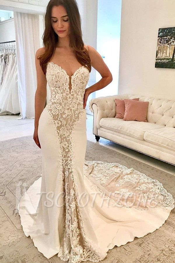 Wunderschönes Brautkleid mit Spaghettiträgern im Meerjungfrau-Stil | 2022 Ärmellose Spitzenapplikationen Brautkleider
