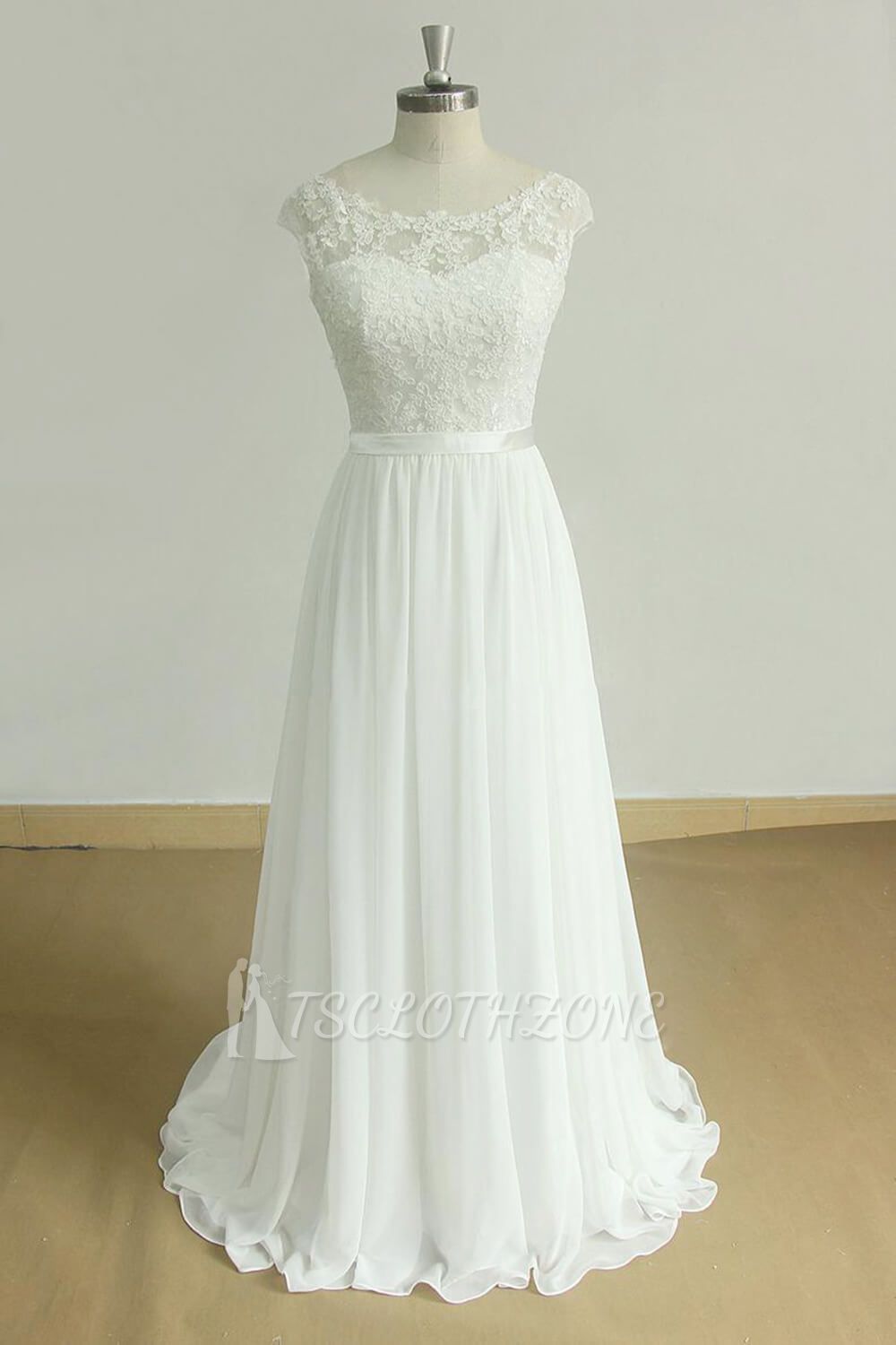 Stylish White Chiffon Lace Wedding Dress | Jewel Sleeveless Bridal Gowns