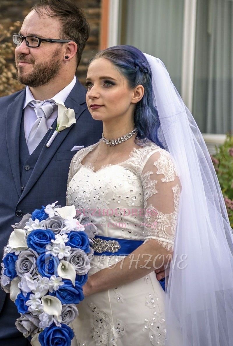 Elegant Sashes Beaded Half-Sleeves Crystal A-Line Scoop Lace-Applique Wedding Dresses