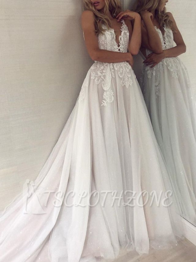 Sexy A-Line Wedding Dress V-neck Lace Tulle Sleeveless Bridal Gowns with Sweep Train