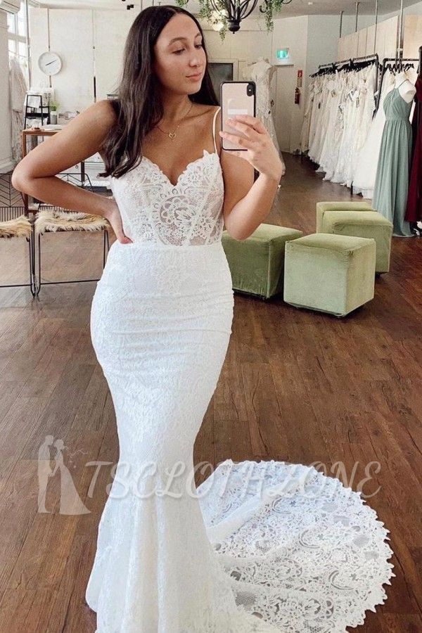 Glamorous Spaghetti Straps Mermaid Wedding Dresses | Lace Bridal Gowns