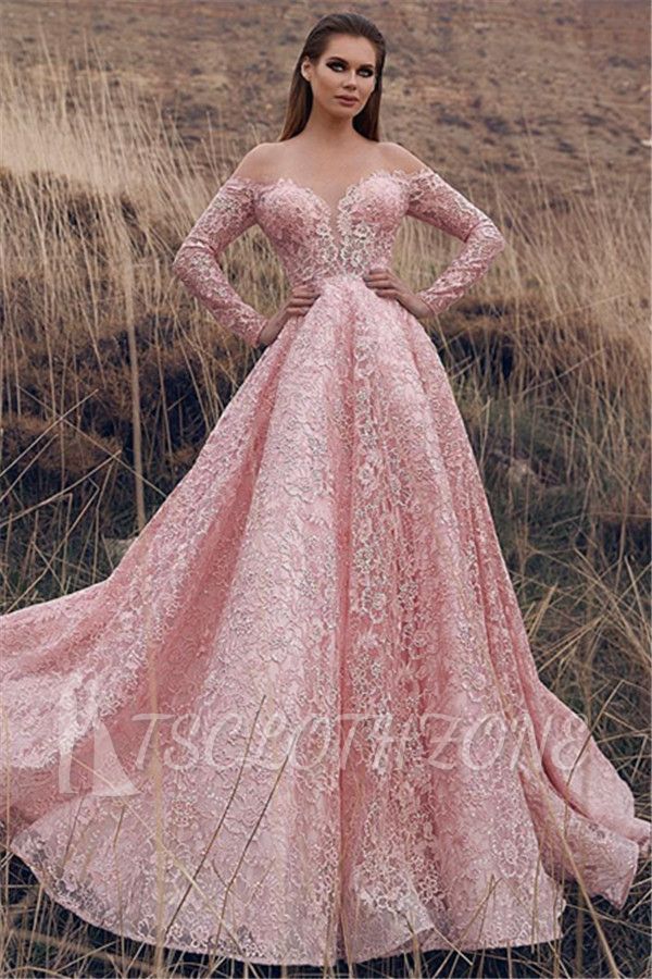 Pink Off-The-Shoulder Long-Sleeves Lace Applique Princess A-Line Prom Dresses