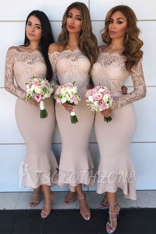 Long Sleeve Lace Bridesmaid Dresses Affordable | Short Sheath Ruffles Trumpet Formal Evening Dress