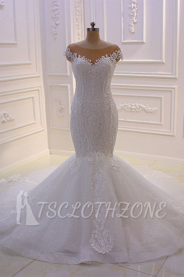Off-the-Shoulder Sweetheart White Lace Appliques Tulle Mermaid Wedding Dress