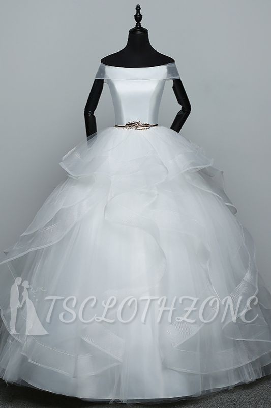 TsClothzone Elegantes, schulterfreies Organza-Hochzeitskleid, ärmellose Rüschen, Brautkleider mit Perlenschärpe