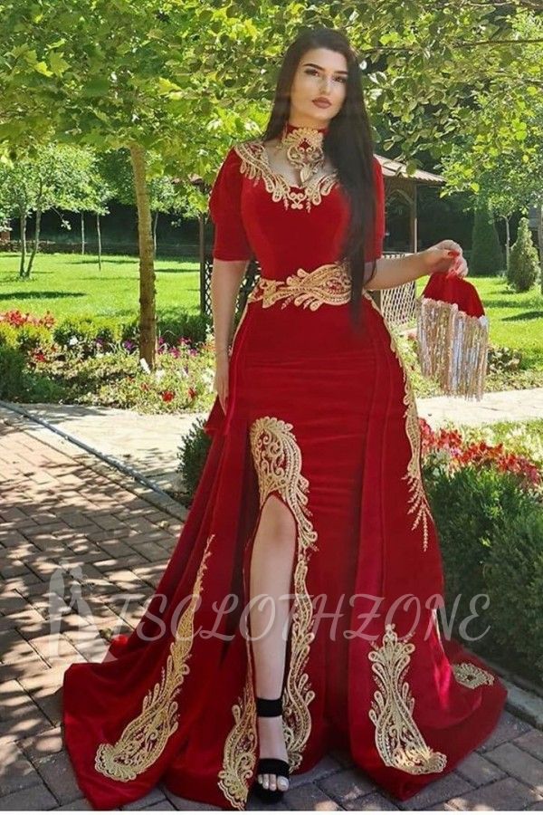 Gorgeous Halter Red Velvet Mermaid Evening Gown with Gold Appliques Half Sleeves