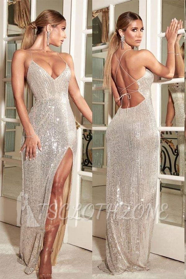 Sexy Open Back Sequins Evening Gowns | Spaghetti Straps Side Slit Cheap Prom Dresses